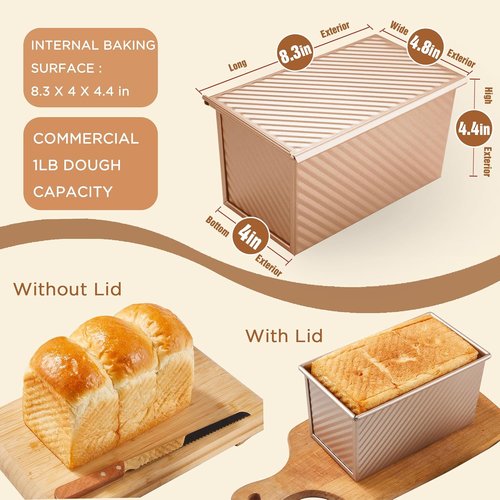 KITESSENSU Non-Stick Pullman Loaf Pan with Lid - 2 Pack, 1 lb Capacity, Gold Carbon Steel Bakeware