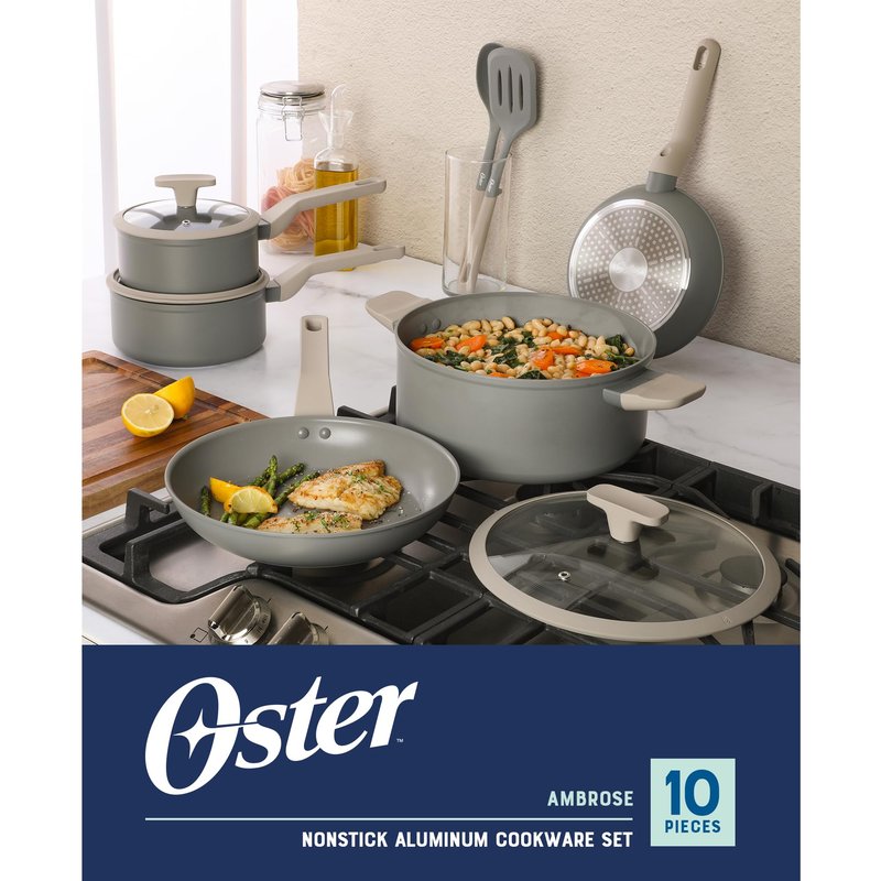 Oster Ambrose 10 Piece Forged Aluminum Premium PFA Free Ceramic Nonstick Pots and Pans Cookware Set W/Induction &Stay Cool Handles - Grey/Taupe