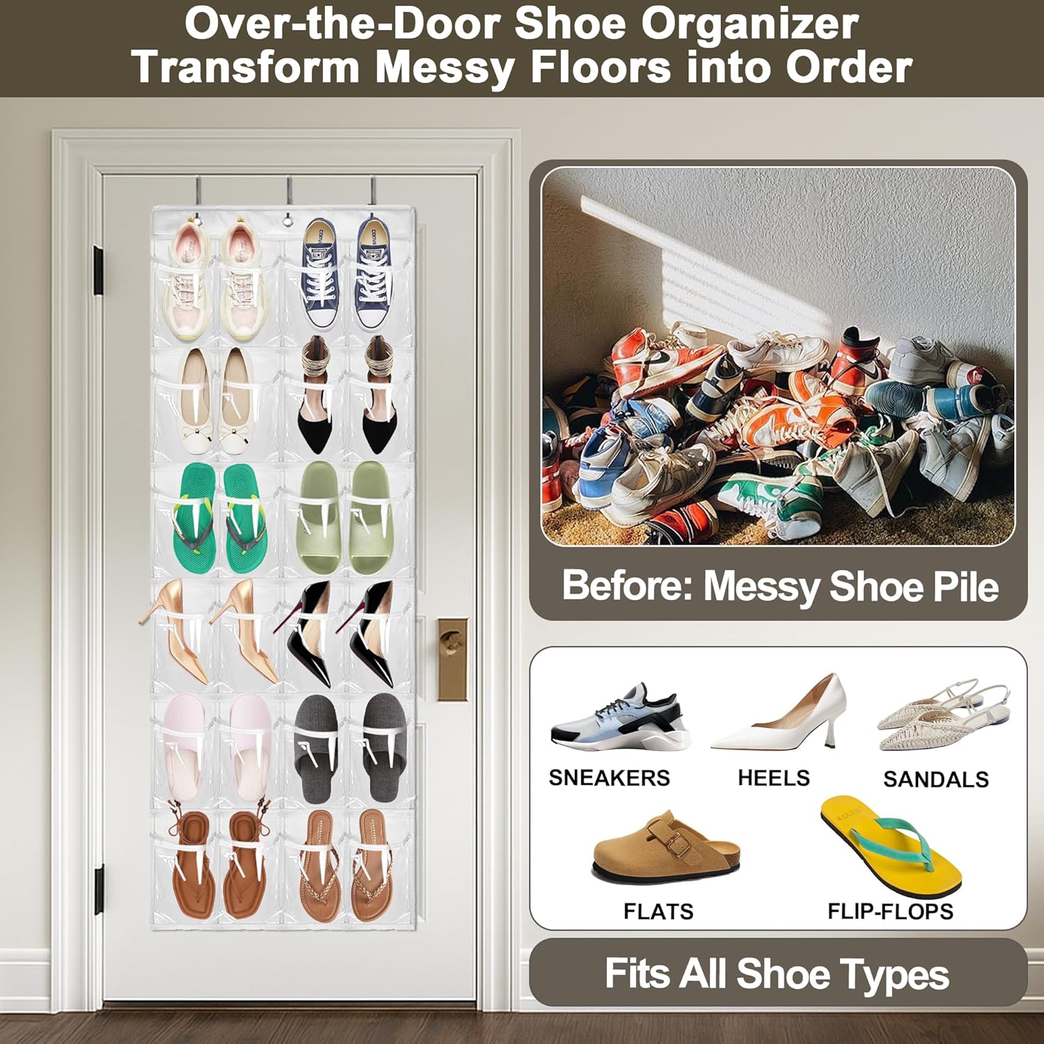 Over The Door Shoe Organizer - 24 Crystal Clear Pockets & Heavy Duty Metal Hooks | Space-Saving Shoe Storage (White)