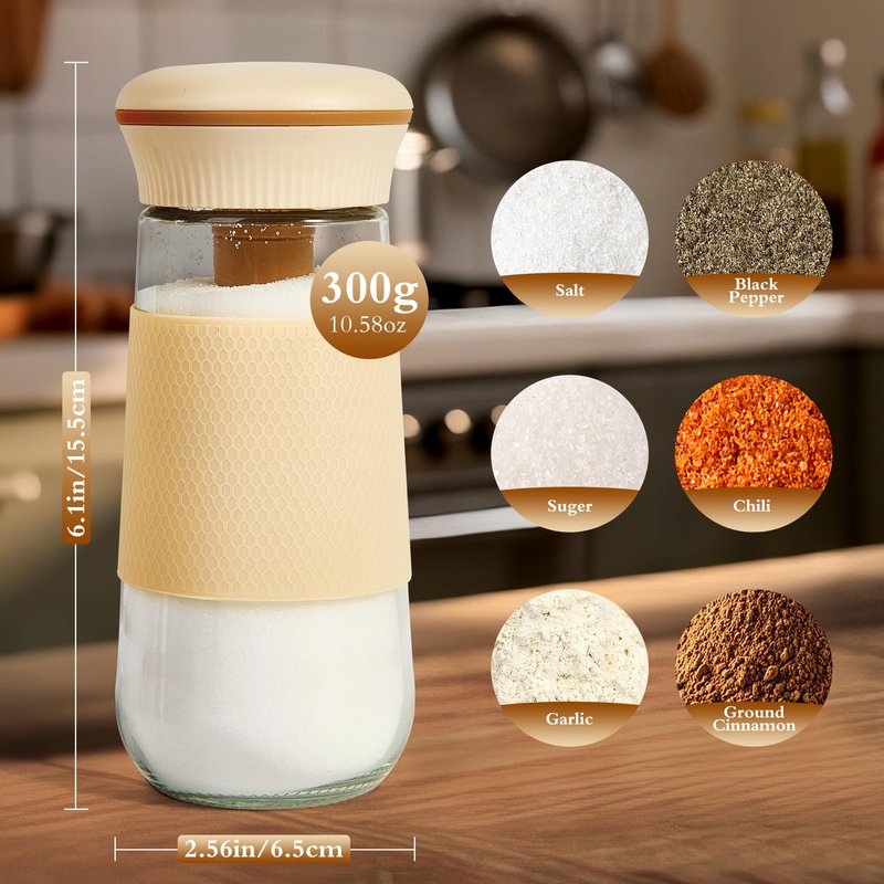 LAKUMIQI 2-in-1 Salt Shaker, Glass Salt and Pepper Shakers Set with 1g Measuring Spoon, 2PCS Salt Pepper Containers Farmhouse Cute Salt Shakers for Kitchen, Easy Filling