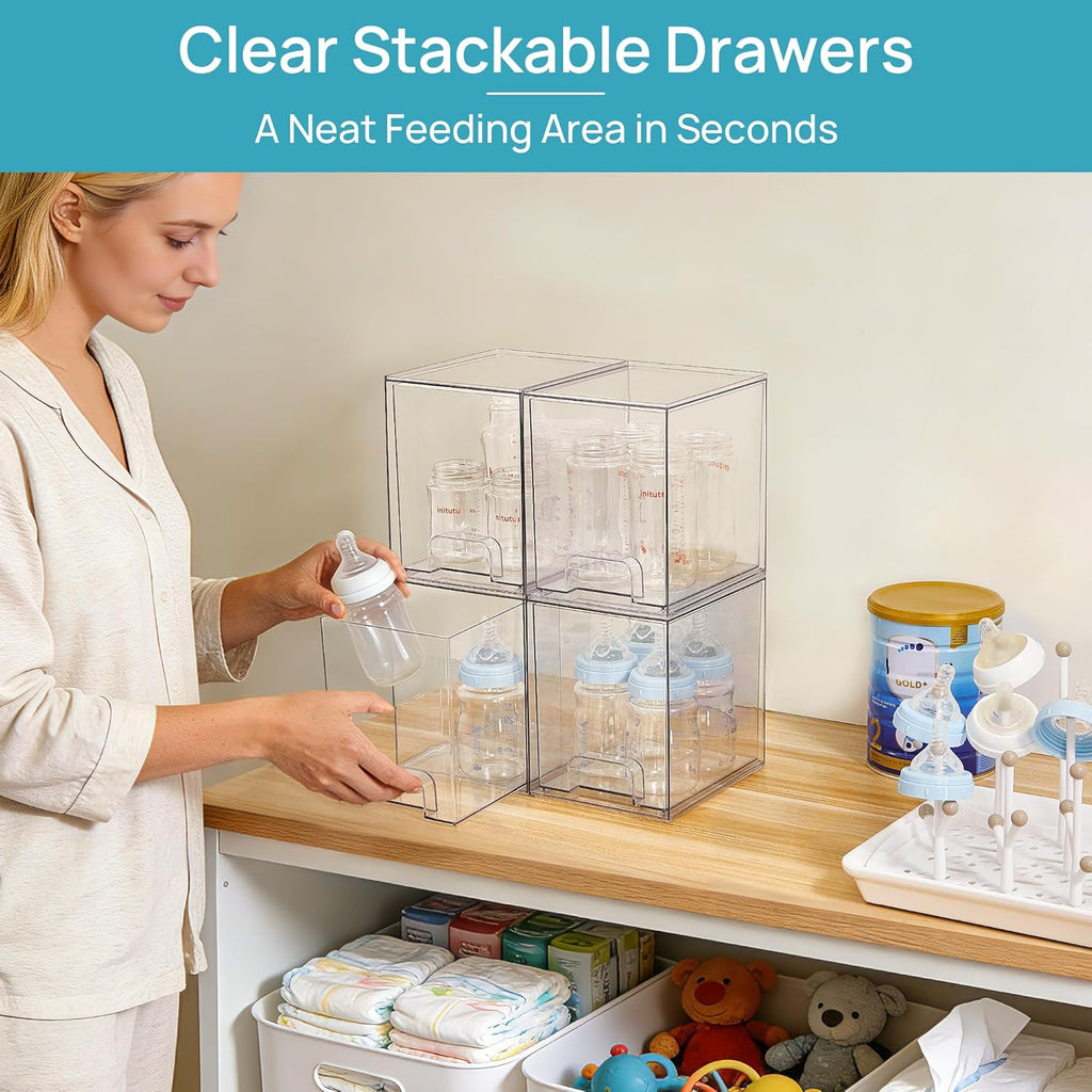 Vtopmart Clear Stackable Storage Drawers - 7.6" Organizers for Skincare & Beauty Supplies | 4 Pack