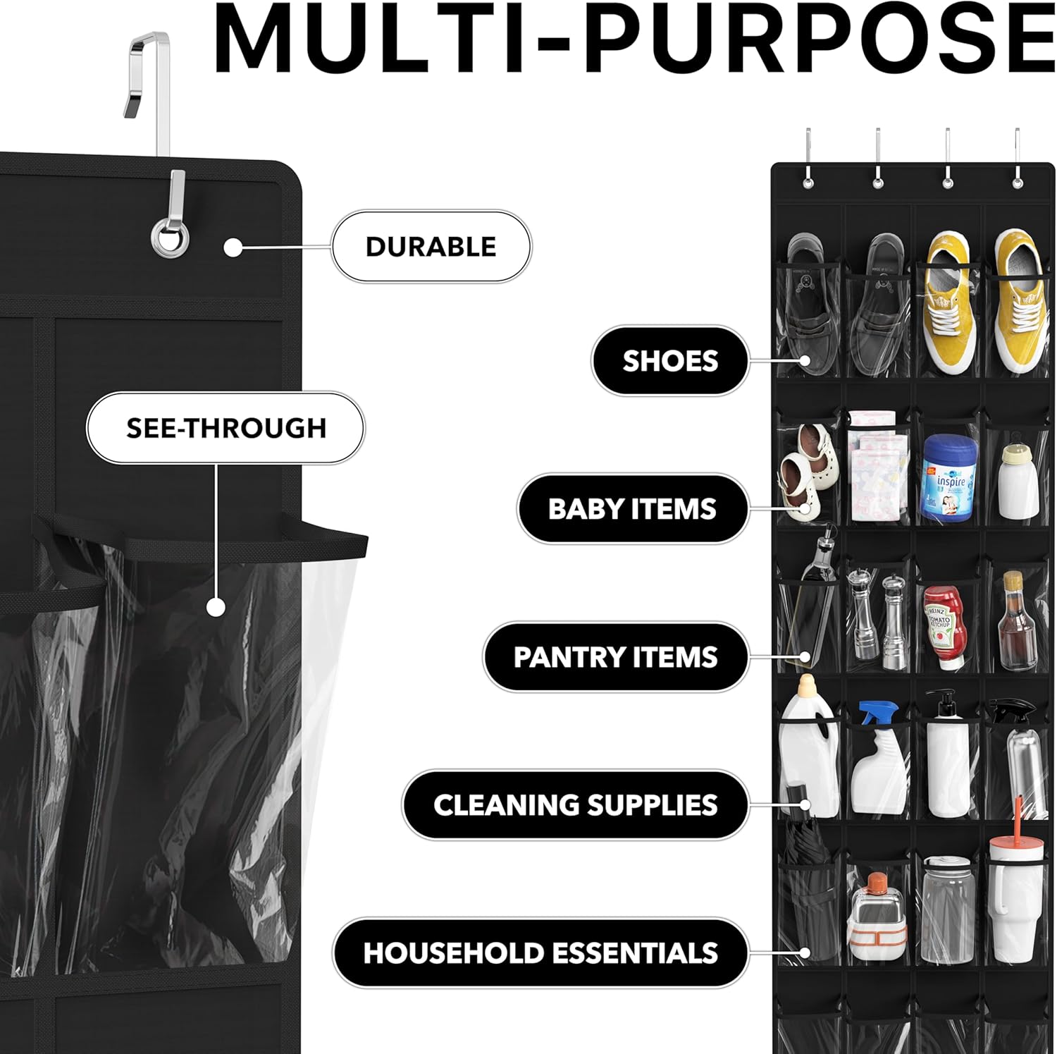 Simple Houseware 24 Pockets - Over The Door Hanging Shoe Organizer | Crystal Clear, Black (64'' x 19'')