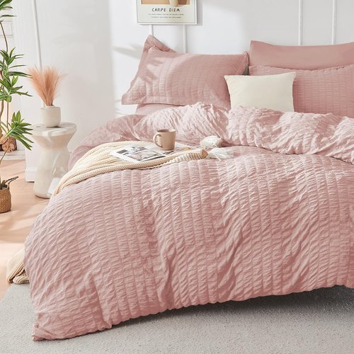 HYMOKEGE King Size Comforter Set - Luxury Rose Gold Seersucker 7-Piece Bedding Set | All-Season Comfort