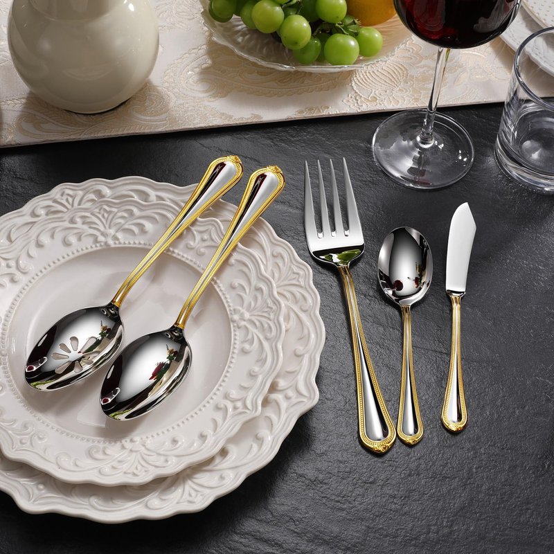 KEAWELL Pearl Edge Premium Serving Spoon Set, 18/10 Stainless Steel, 9" Fine Hostess Utensils with Refined Bead Design, Brightly Polished, Gold Accent, Dishwasher Safe (Hostess Serving Set)