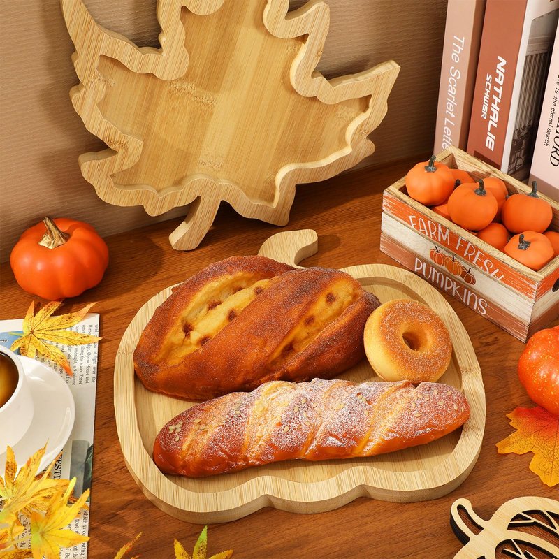 Whaline 2 Pcs Fall Serving Trays Pumpkin Maple Leaf Serving Platters Autumn Wooden Charcuterie Boards for Thanksgiving Halloween Harvest Home Party Food Supplies