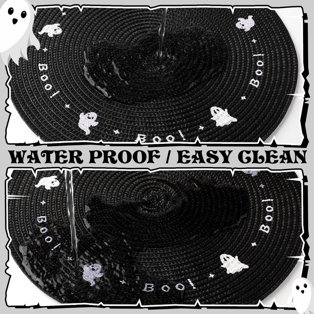 Tioncy 6 Pcs Plastic Halloween Placemats Round Embroidered Ghost Place Mats 13.5 Inch Black Spooky Ghosts Dinner Washable Table Mats Kitchen Dining Waterproof Placemats for Halloween Party Decoration