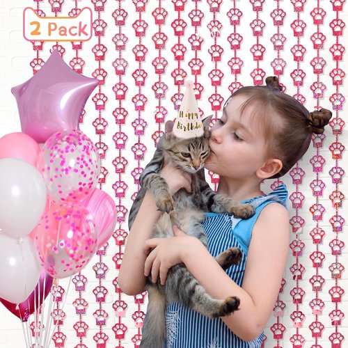 MENSTARSI Cat Birthday Decorations - 2 Pack Pink Cat Paw Party Supplies | 3.3x6.6 ft Foil Fringe Curtains & Tinsel Backdrop