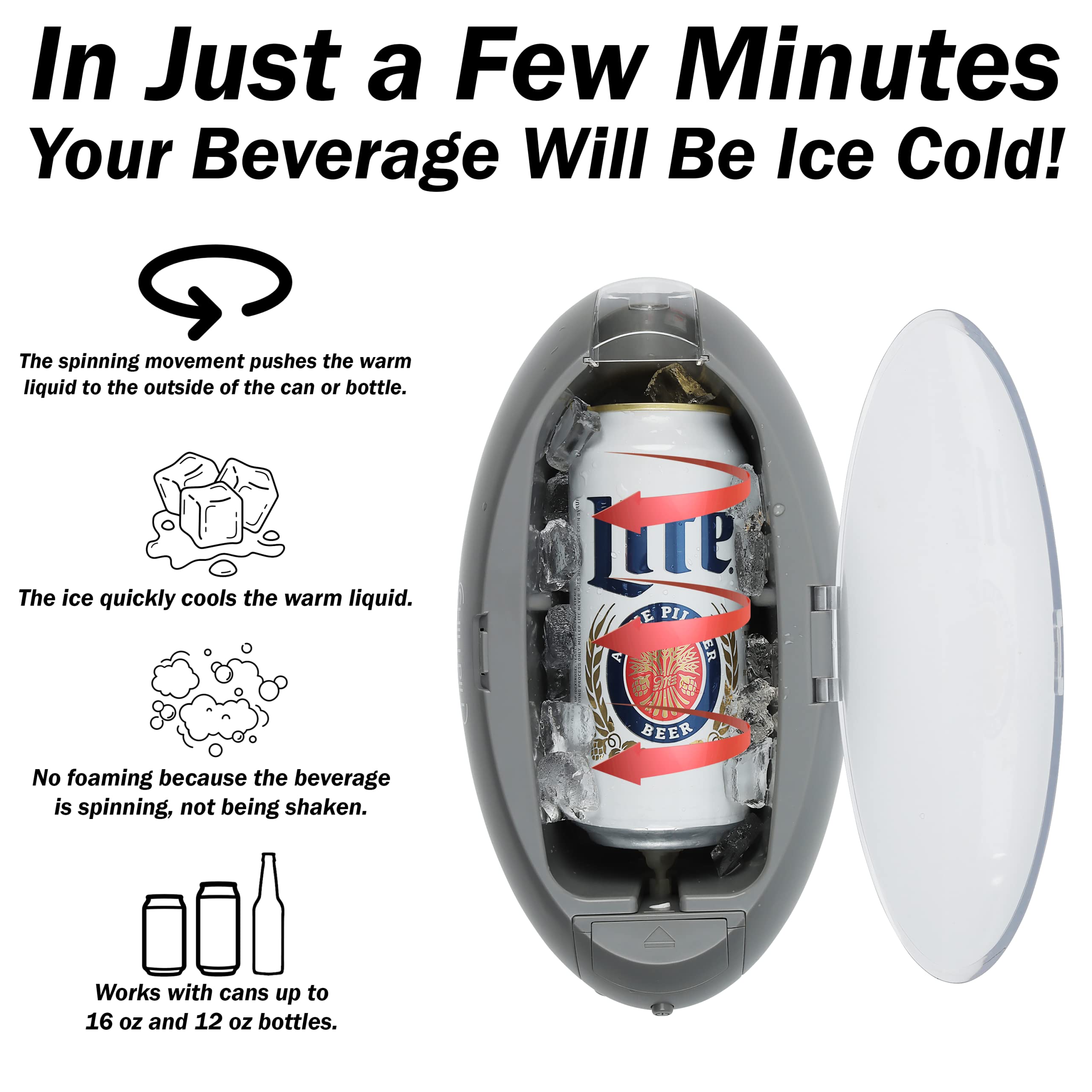 Instant Drink Chiller - Rapid Beverage Chiller for Cans 12 oz or 16 oz & Glass Bottles - Portable Instant Beverage Cooler - Fast & Efficient Instant Drink Cooler for Parties, Picnics & BBQs