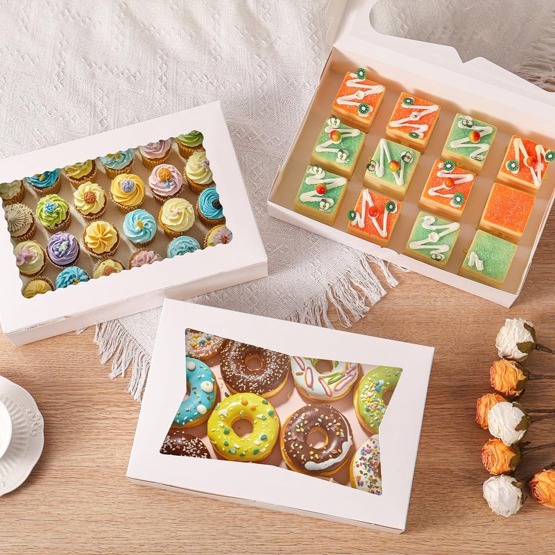 PFAMKEER 48pcs12x8x2.5 Inches Bakery Boxes,Cookie Boxes with 3Style for Window Bread,Treat，Chocolate,Strawberries,Dessert,Cakes,Donuts,Muffins,pastry