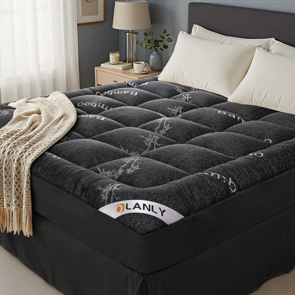 OLANLY Queen Mattress Topper - Cooling Bamboo Viscose Pillow Top for Back Pain Relief | Dark Gray