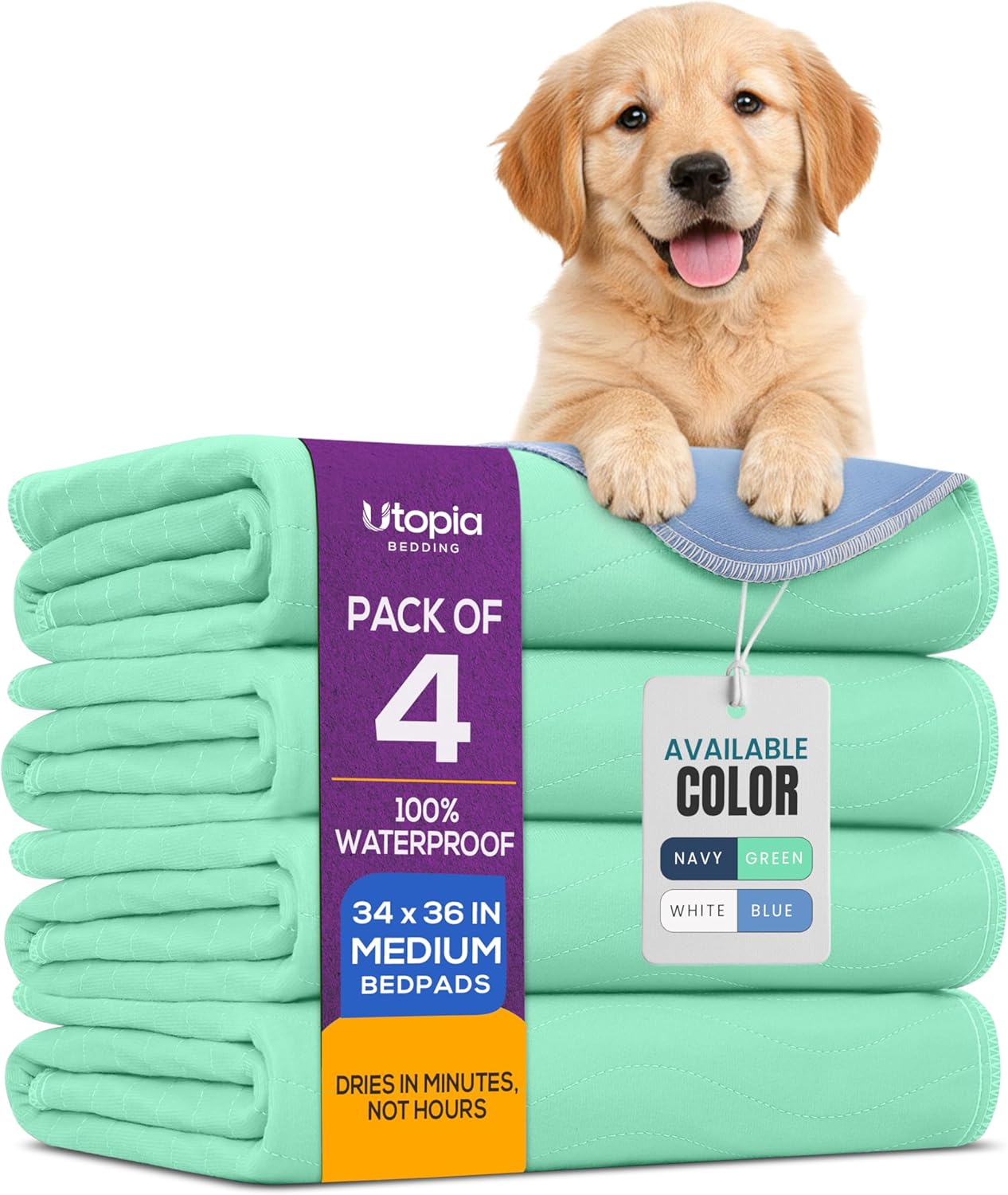 Utopia Bedding Washable Dog Pee Pads - Heavy Absorbency Incontinence Bed Pads | 34" x 36" (Pack of 4) - Green & Blue