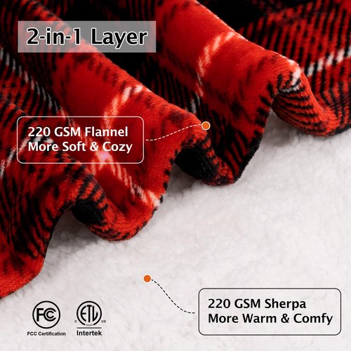 PTQ Red Christmas Electric Heated Blanket 50"x60", Fast Heated Throw with 8 Hours Auto Off/8 Heats Levels, Soft Plaid Sherpa with ETL Certification, Gifts for Adults Keep Warm in Home Office