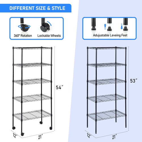 Simple Deluxe 5-Tier Storage Shelves, 21" W x 12" D x 54" H Adjustable Heavy Duty Wire Metal Shelving Unit, Chrome