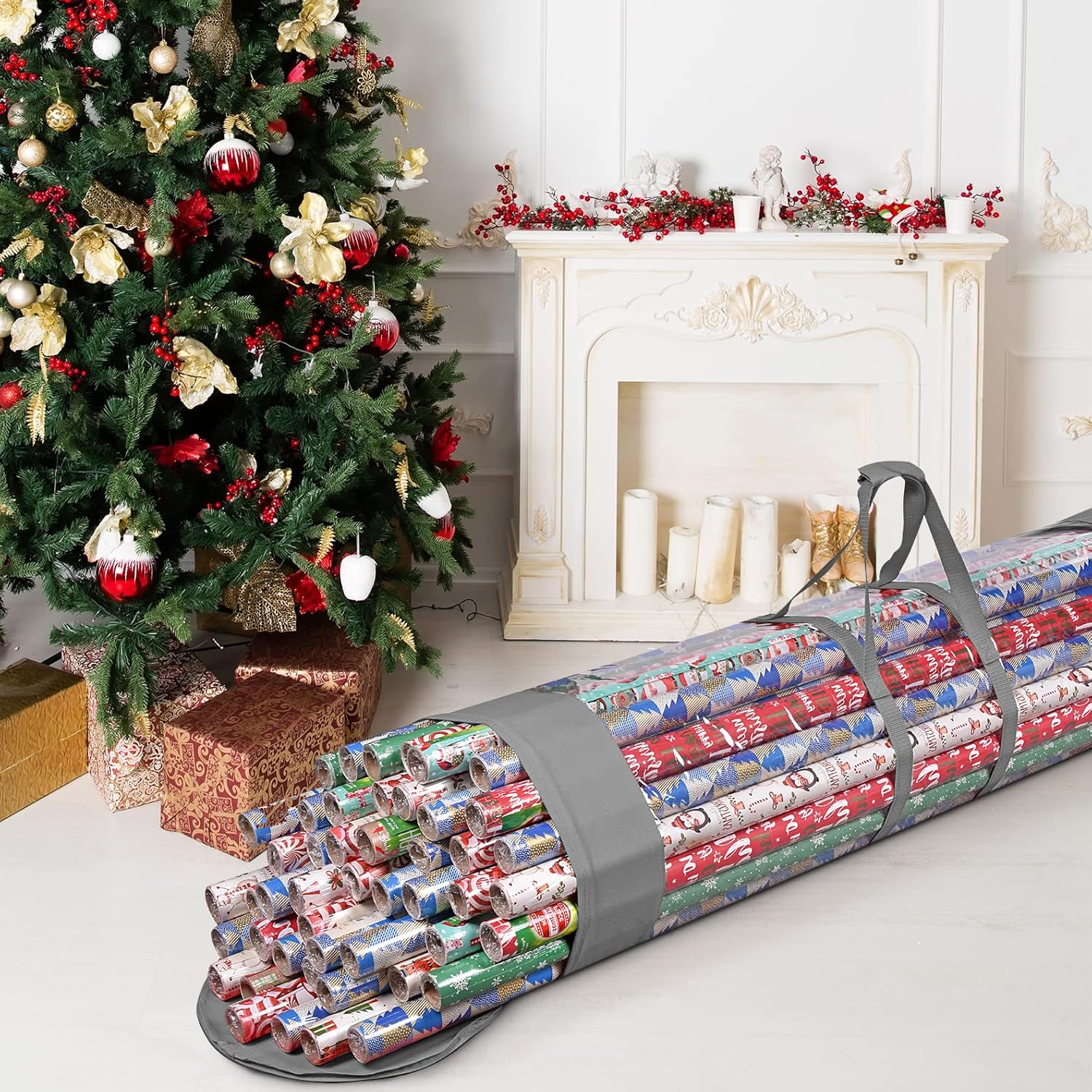 ProPik Wrapping Paper Organizer - Heavy Duty Storage Bag for 24 Rolls, Fits 40-Inch Long Wraps | Gray & Clear