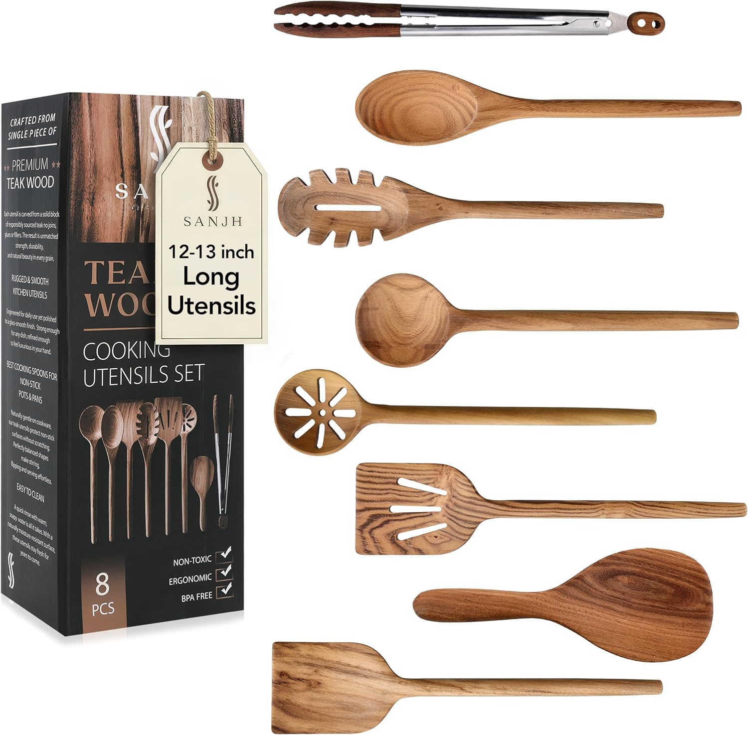 Skiennix 8-Piece Teak Wooden Cooking Spoons Set | Smooth-Sanded Utensils with Comfortable Grip Handles