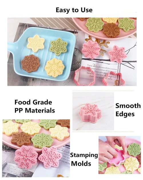9 Patterns of 3D Snowflake Cookie Stamps Set, Food Grade Plastic 6 Branches Shaped Snowflakes Stamping Cookie Cutters Fondant Stamper Set for Baking (Pink)