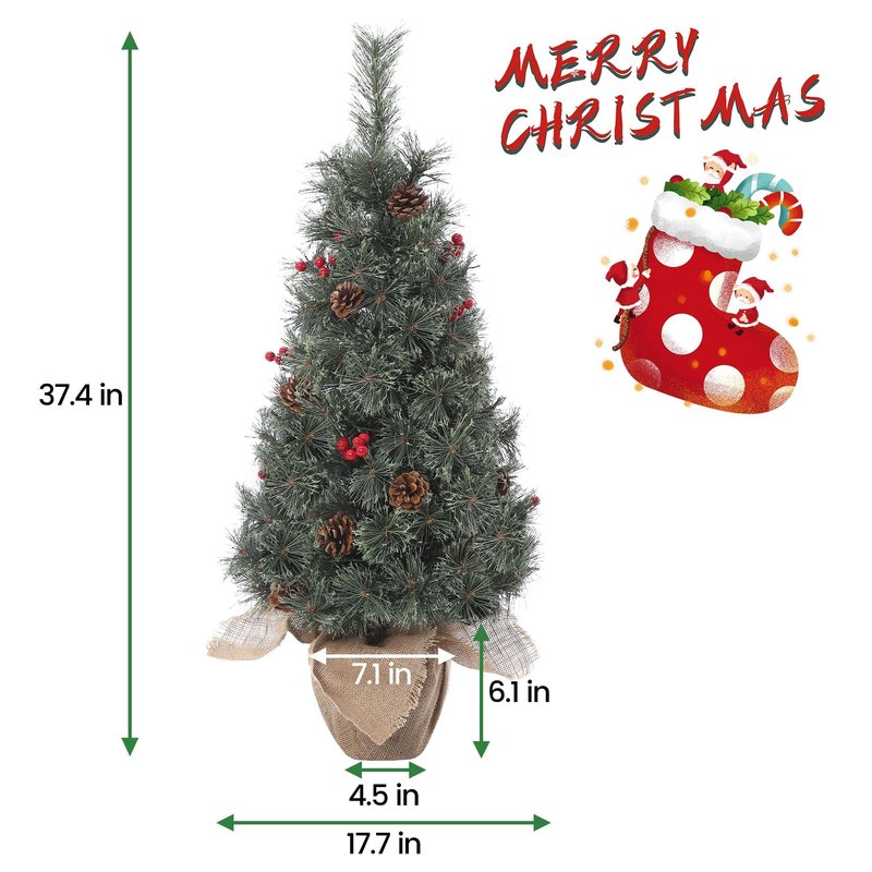 GarveeHome Pre-Lit 3 ft Artificial Mini Xmas Tree, Nordic Spruce Christmas Tree with Led Lights & Burlap Bag Base, Suitable for Tabletop, Office & Home Decoration