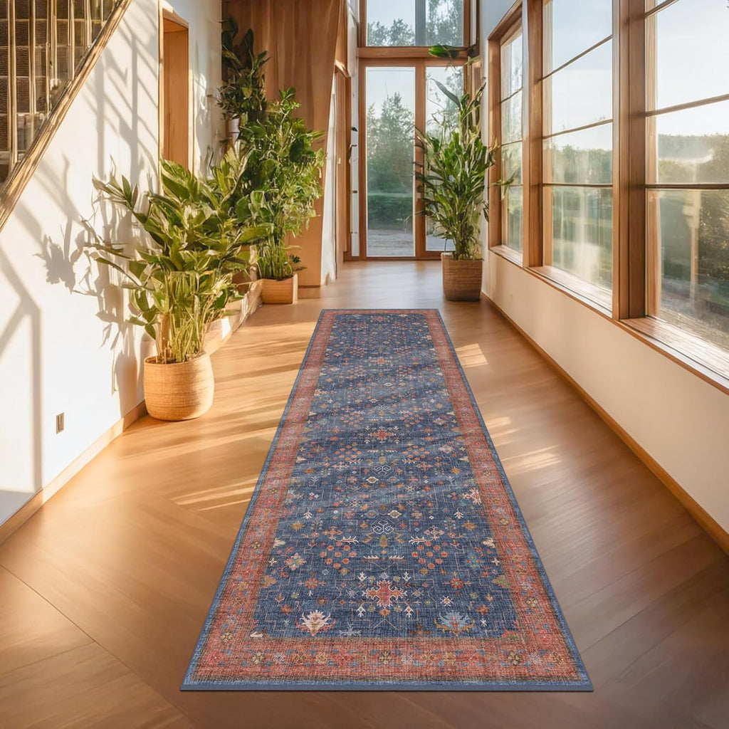 Skiennix Washable 10 Ft Long Runner Rug - Navy Blue, Pet-Friendly, Waterproof & Non-Slip Design