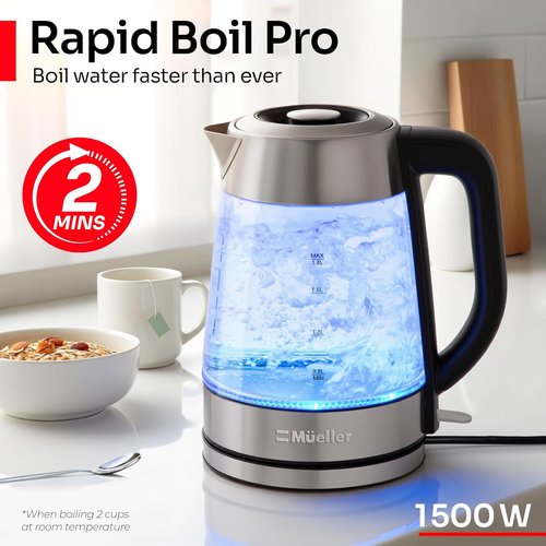 Mueller Rapid Boil Electric Tea Kettle 1.8L - BPA-Free Borosilicate Glass & Stainless Steel - Auto Shut-Off & LED Light