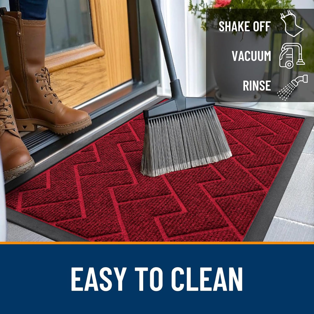 OLANLY Waterproof All-Season Front Door Mat - Sturdy Natural Rubber, Easy Clean | Herringbone Brick, Wine Red (71x23)