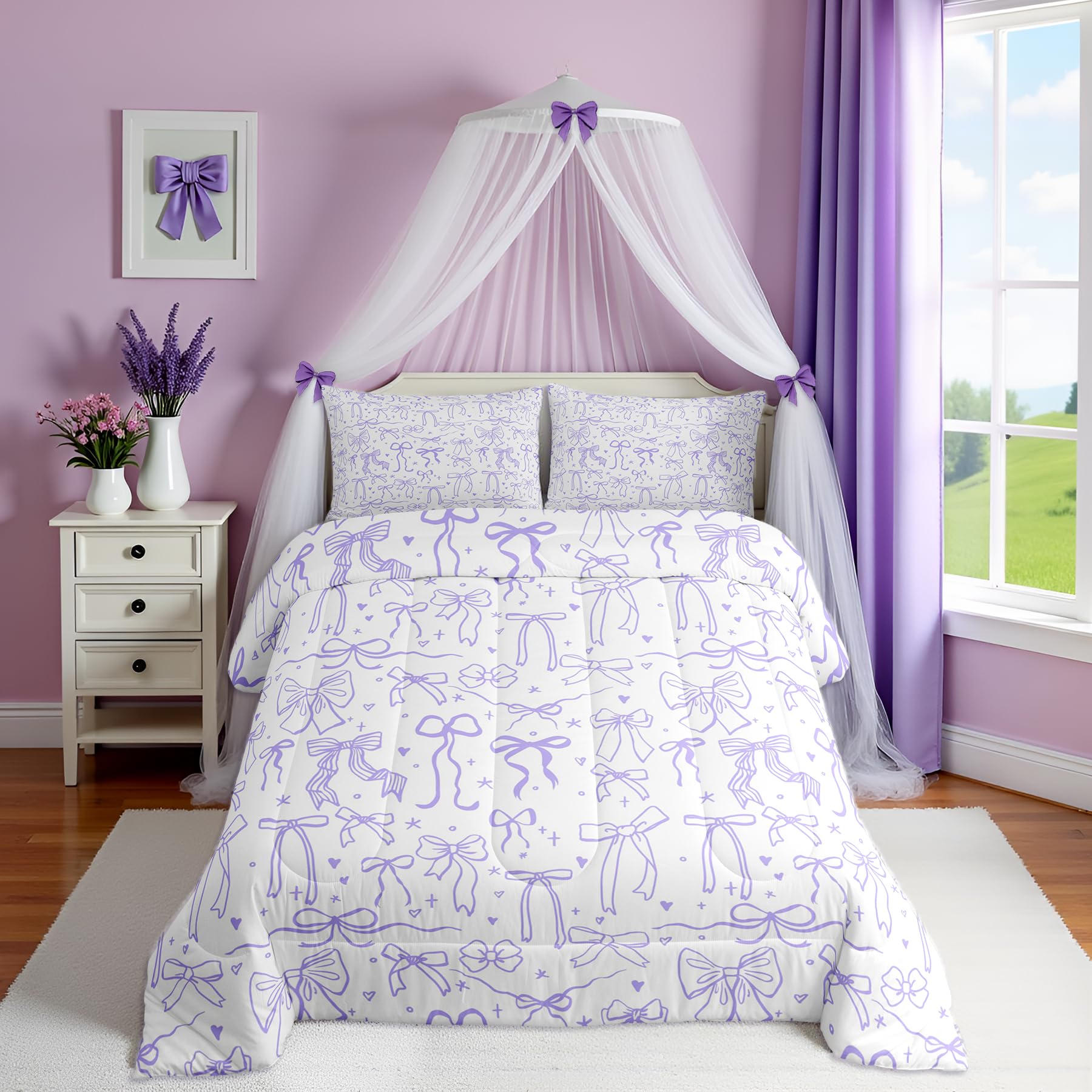 Purple Bowknots Comforter Set Full Size,Cartoon Hand Drawn Stars Love Bow Bedding Set,Kawaii Princess Style Quilt Set for Kids Girls Women Teens Room Decor,Romantic Duvet Insert,2 Pillowcases