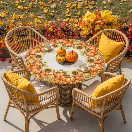 Round Fitted Tablecloth Elastic Edged Table Cover,Thanksgiving Fall Seamless Pumpkin Waterproof Wipeable Table Cloths for Kitchen Dining Party Fit up 55-60in Tables,Watercolor Maple Leaves on Burlap