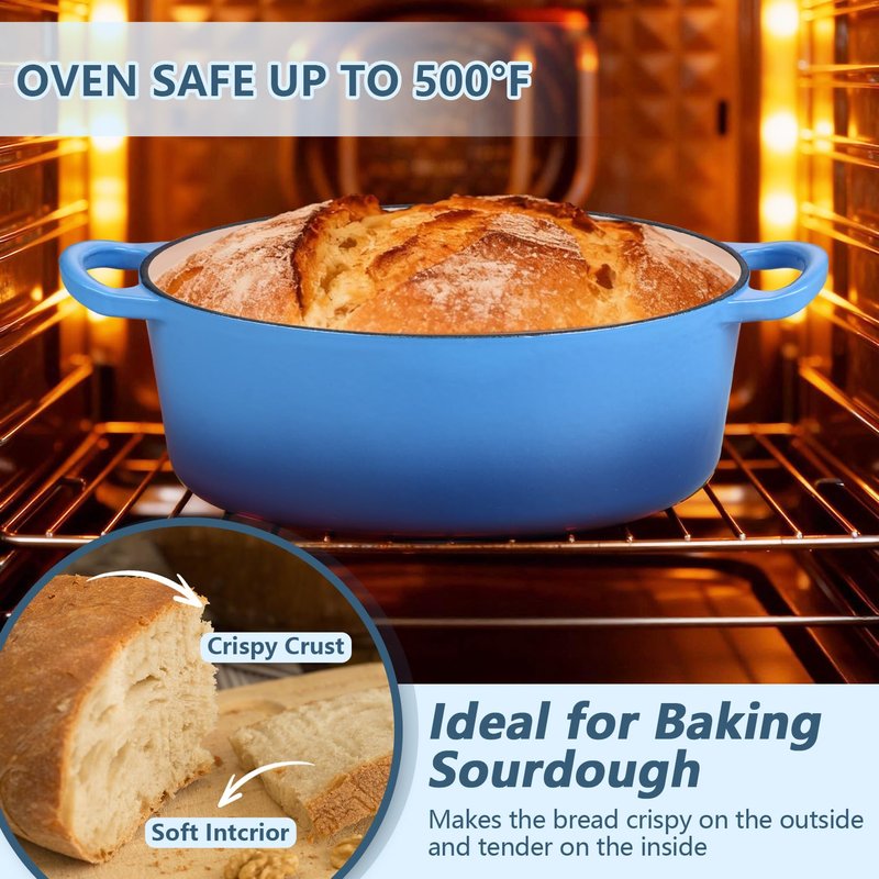 P&P CHEF Oval Dutch Oven with Lid, Enameled Cast Dutch Oven Pot for Bread Baking, Braising, Stewing, Roasting, Non-Stick & Oven Safe, Dual Handles & Easy Clean, 7QT & Blue, Valentine's Day