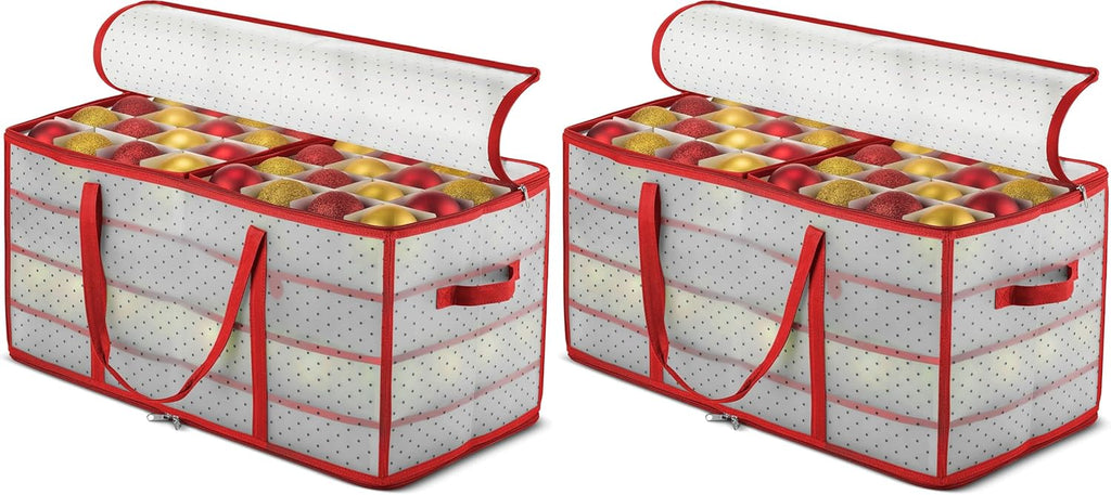 ZOBER Christmas Ornament Storage Box - Holds 128 Ornaments with Dual Zipper - Red Plastic Containers (Pack of 2)