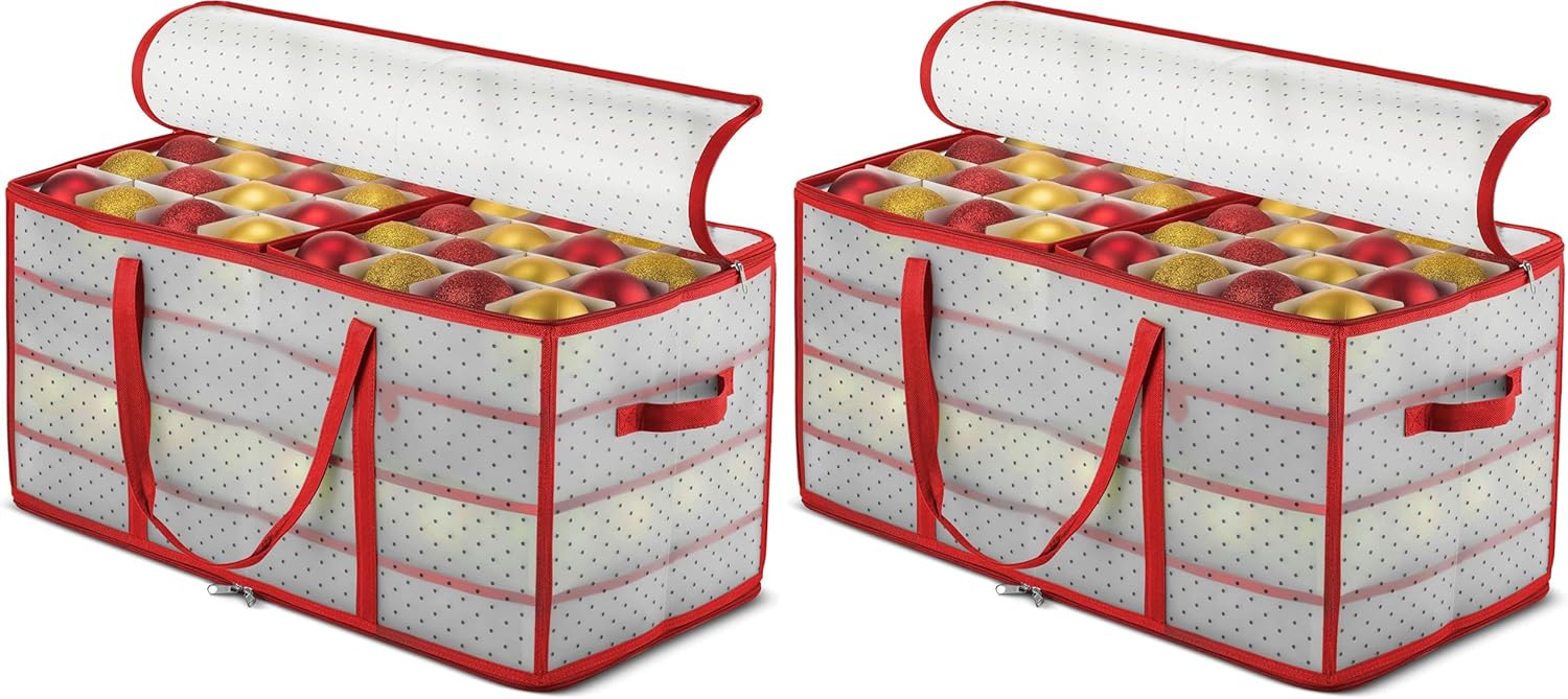 ZOBER Christmas Ornament Storage Box - Holds 128 Ornaments with Dual Zipper - Red Plastic Containers (Pack of 2)