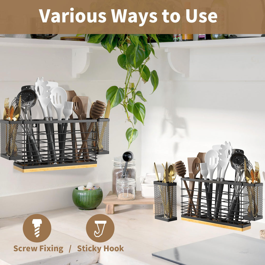 BEGULF Large Utensil Holder for Kitchen Counter, Wall Mounted Silverware Caddy with 5 Compartments, Metal Utensil Caddy with 2 Small Removable Basket and Wooden Base