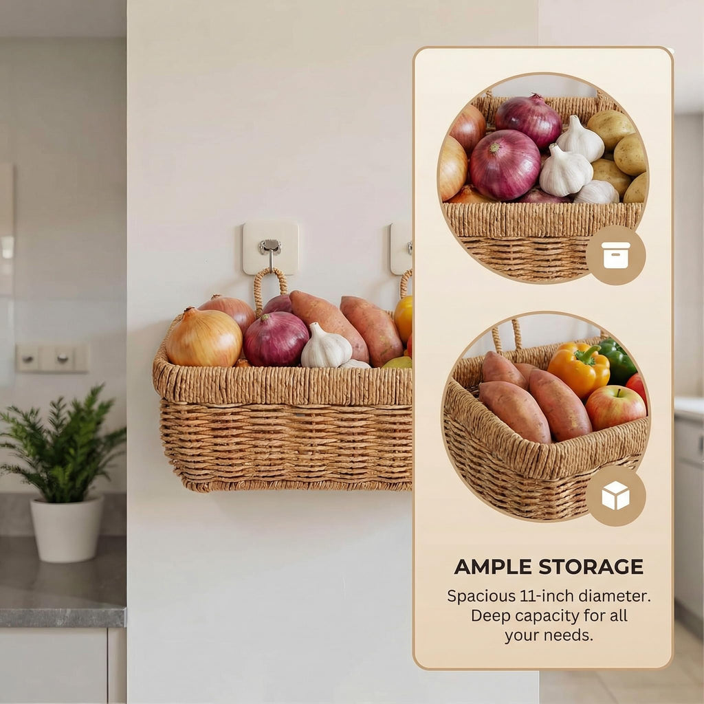 11 inches Wall Hanging Baskets Woven Basket Boho Style Fruit Basket Storage Baskets for Organizing Home Kitchen Garden Plants Hanging Decoration