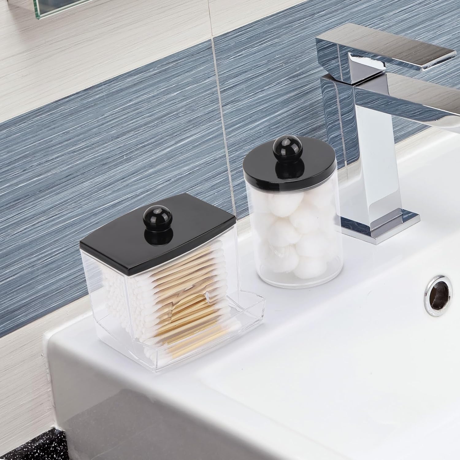 Tbestmax Qtip Holder Dispenser - 3 Pack Bathroom Organizers with Black Lids for Cotton Swabs & Pads