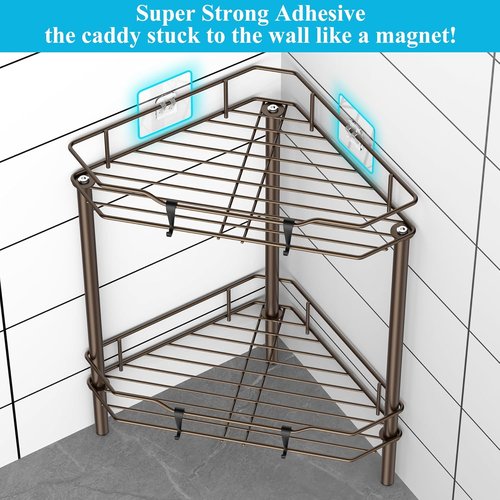 HuggieGems Corner Shower Caddy Organizer - 2 Tier Floor Stand with Hooks | Bronze Bathroom Shelf Rack