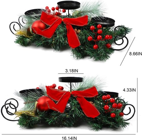 MorTime Christmas Candle Holder - Festive Table Centerpiece with Red Bow, Berries & Pinecones | Steel Base