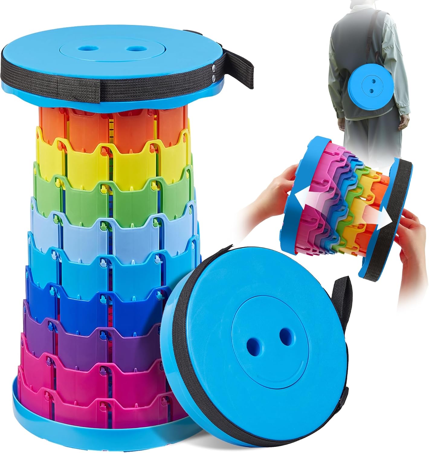 VECELO Telescoping Folding Stool - Upgraded Portable Retractable Design | 400lbs Capacity, Rainbow Blue