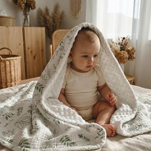 GLLQUEN Baby Blanket - Soft Muslin Cotton Front with Dotted Fleece Backing | Greenery, 30 x 40 Inches