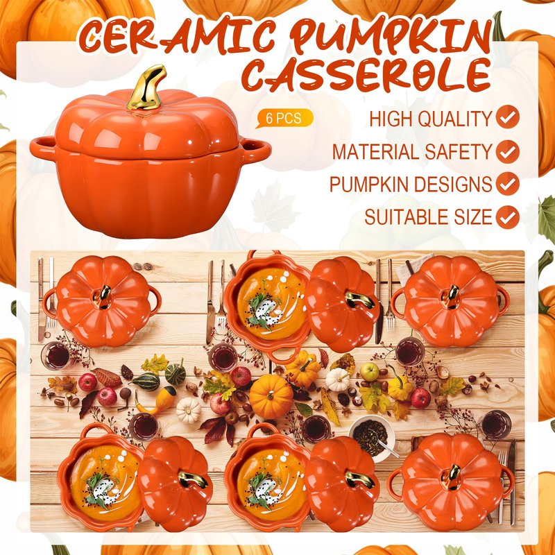 Yaomiao 6 Pcs Pumpkin Ceramic Bowl 15 oz Pumpkin Soup Bowl Pumpkin Shape Storage Jar with Lid and Handles for Home Halloween Party Kitchen Tableware(Orange)