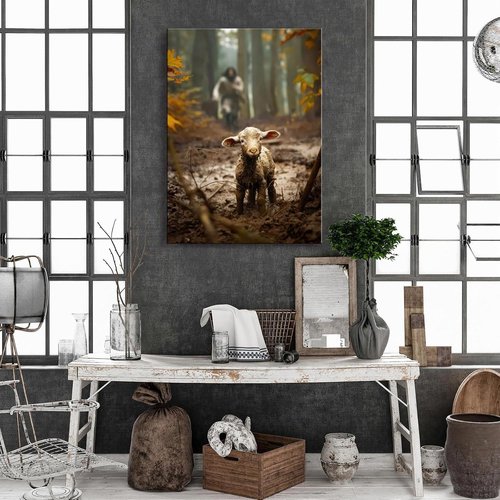 Jesus Wall Art | Large Canvas Print of Jesus Running After Lost Lamb | 24” x 36” Home Decor