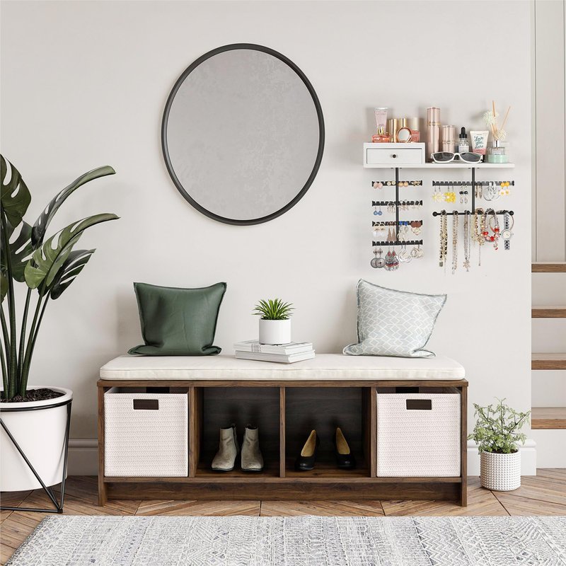 VINAEMO Jewelry Organizer Hanging Wall Mounted Jewelry Holder with Rustic Wood Drawer & Large Capacity Storage Shelf Rack Display for Earrings Rings Necklaces Bracelet(White)