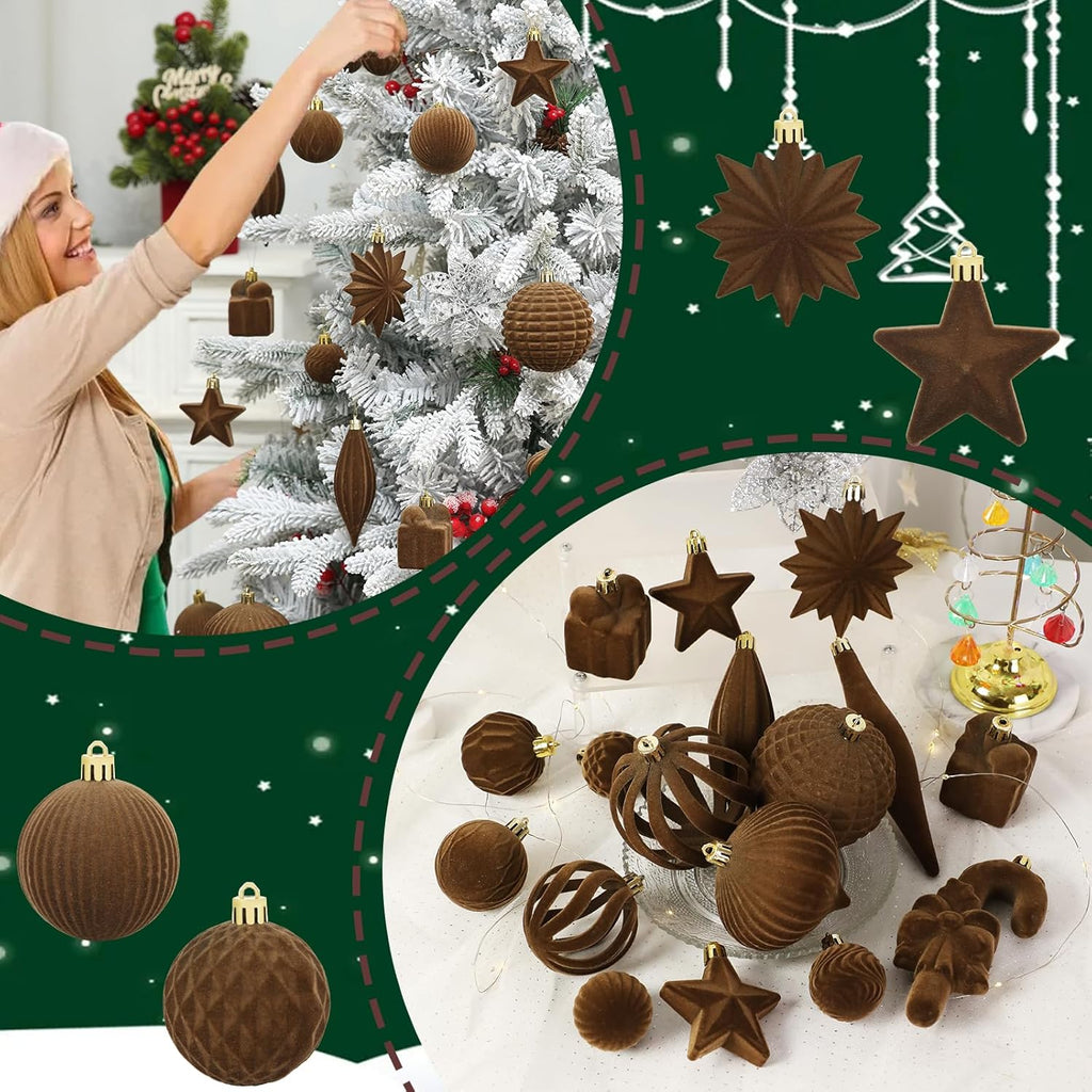 Skiennix 50 Pcs Brown Velvet Christmas Balls - Flocked Ornaments for Tree Decor & Holiday Parties