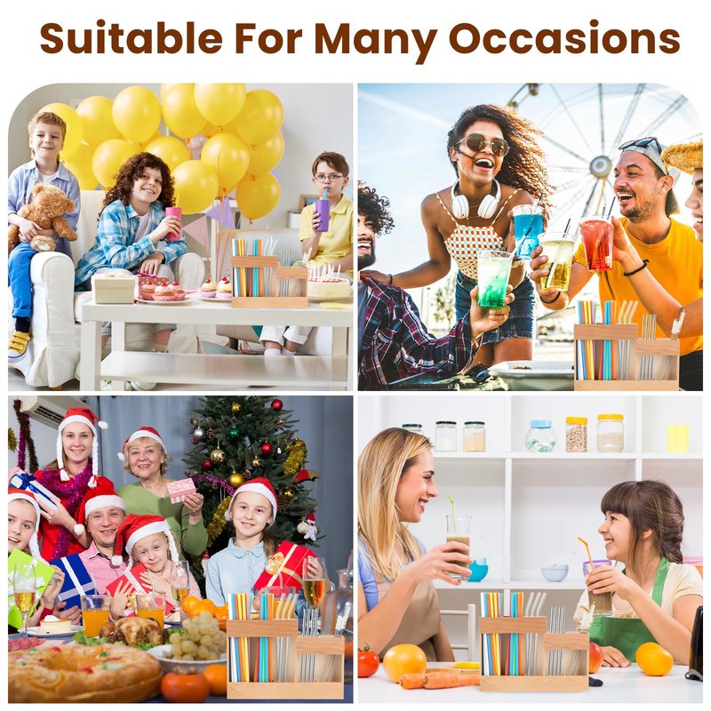 Reusable Wooden Straw Dispenser Organizer with 2-Sided Adhesive - Cabinet & Countertop Storage for Metal/Glass Straws, Compatible with Long & Short Straws