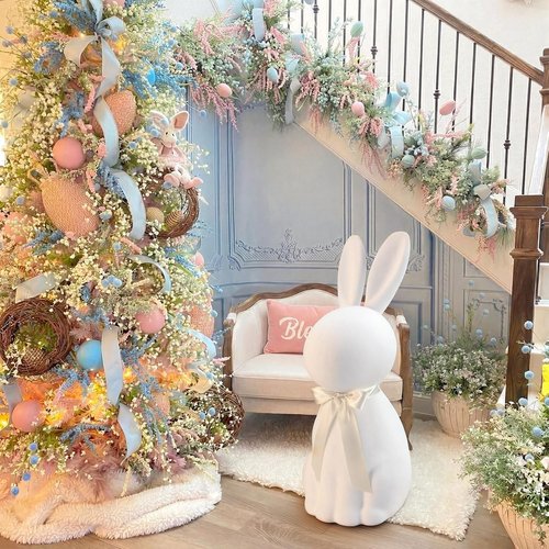 Lineshading White Easter Bunny Decoration - 25" Flocked Standing Bunny Figurine for Porch & Lawn