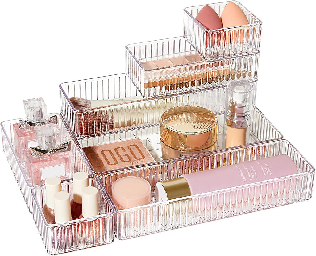 Vtopmart 7-Piece Clear Drawer Organizers - Stackable Acrylic Makeup & Vanity Storage Bins | Versatile for Bathroom, Office, Kitchen