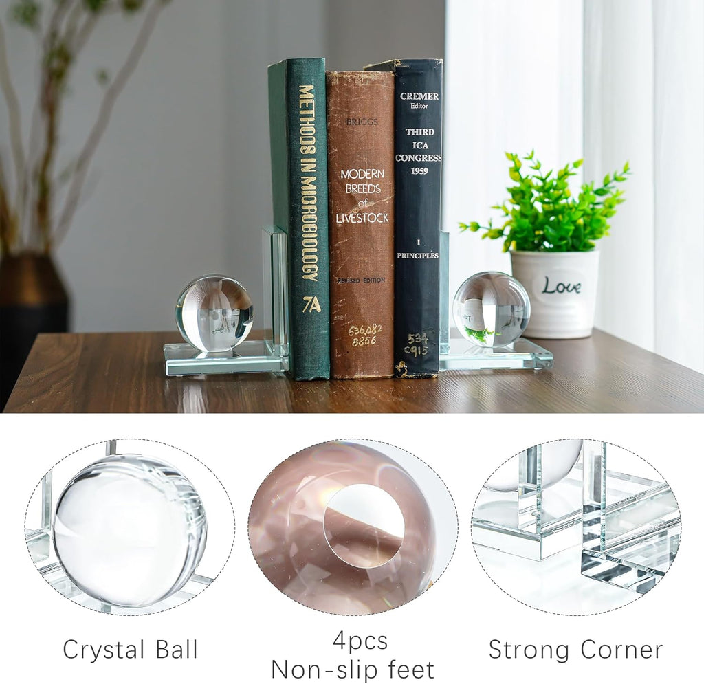 Skiennix Crystal Bookends - Sturdy L-Shape Design with Non-Skid Base | 4-Inch Clear Decorative Ornaments
