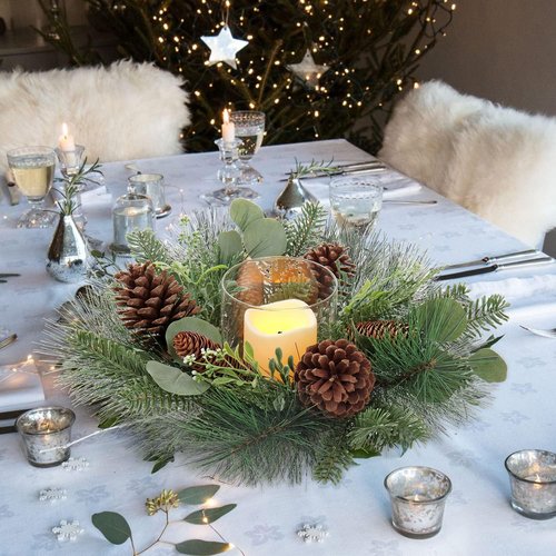 18” Table Wreath by Greenery - Rustic Artificial Greenery Wreath with Detachable Glass Holder for Christmas Decor