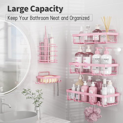 Liuoud Shower Caddy Organizer - 5 Pack Rustproof Stainless Steel Wall Storage Baskets | Pink Decor Set