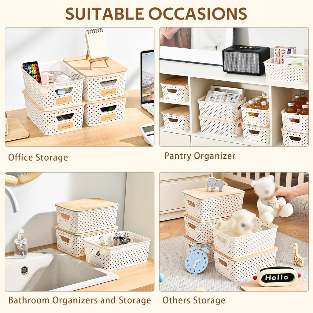 Skiennix 8-Pack Plastic Storage Bins - Stackable Baskets with Bamboo Lids for Pantry Organization