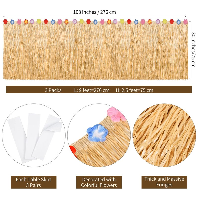 3 Packs Hawaiian Luau Grass Table Skirt 108 x 30 Inch Tropical Hibiscus Luau Party Decorations Brown Hawaiian Table Skirts for Moana Themed Events, Birthday