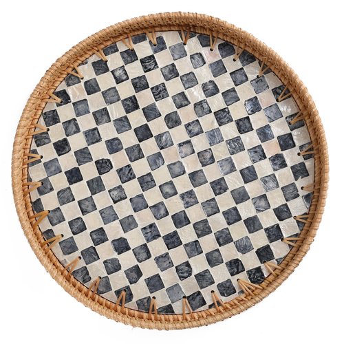 Tynulox Round Rattan Tray with Mother of Pearl Inlay, Rattan Serving Tray for Coffee, Bread, Fruits, Decorative Wicker Tray for Table Decor, Home Decor, Kitchen Island Decor(Black Checkerboard, 11.8")