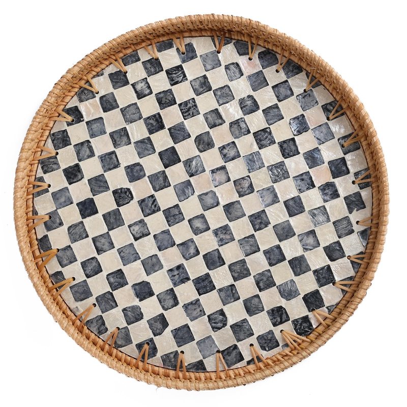 Tynulox Round Rattan Tray with Mother of Pearl Inlay, Rattan Serving Tray for Coffee, Bread, Fruits, Decorative Wicker Tray for Table Decor, Home Decor, Kitchen Island Decor(Black Checkerboard, 11.8")